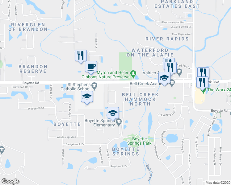 map of restaurants, bars, coffee shops, grocery stores, and more near 10108 Paddocks Oaks Drive in Riverview