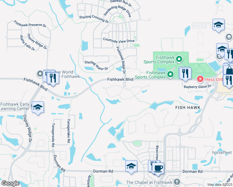 map of restaurants, bars, coffee shops, grocery stores, and more near 5809 Fishhawk Ridge Drive in Lithia