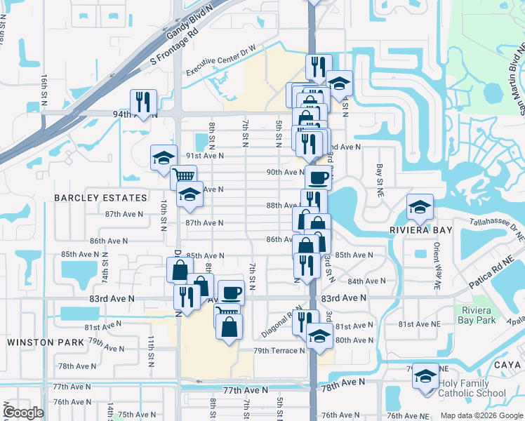 map of restaurants, bars, coffee shops, grocery stores, and more near 658 87th Terrace North in St. Petersburg
