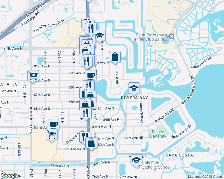 map of restaurants, bars, coffee shops, grocery stores, and more near 121 Sunlit Cove Drive Northeast in St. Petersburg