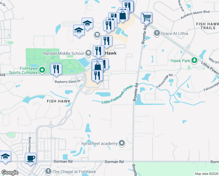 map of restaurants, bars, coffee shops, grocery stores, and more near 16709 Kingletridge Avenue in Lithia