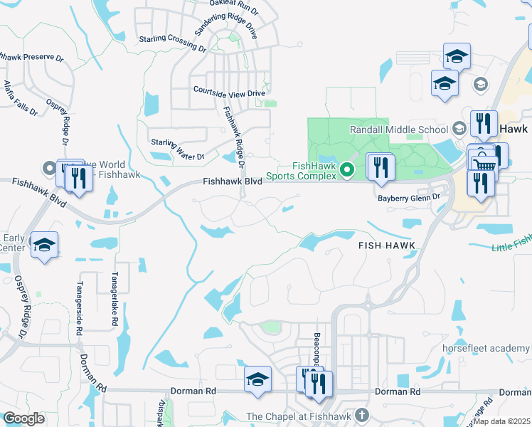 map of restaurants, bars, coffee shops, grocery stores, and more near 15848 Fishhawk Falls Drive in Lithia