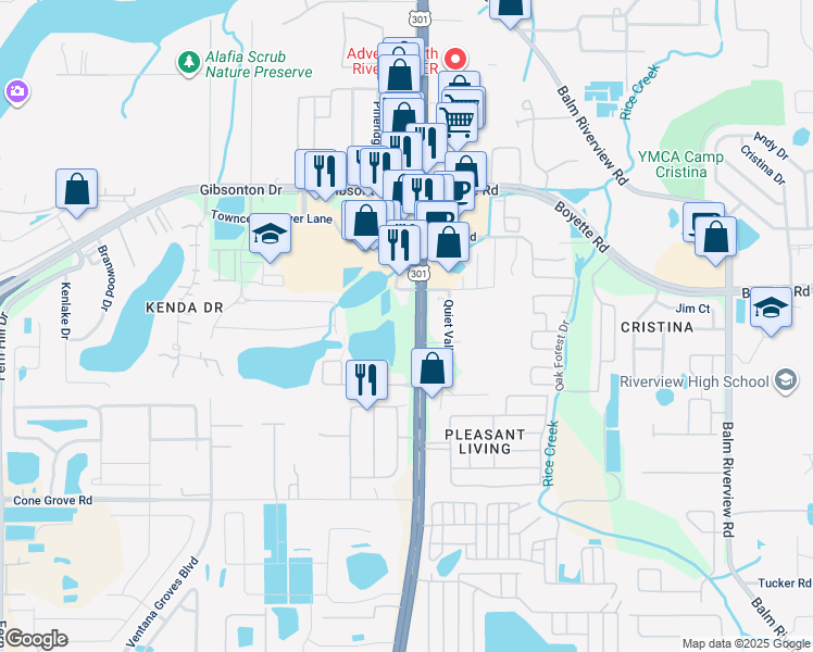 map of restaurants, bars, coffee shops, grocery stores, and more near 10225 U.S. 301 in Riverview