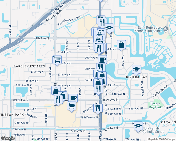 map of restaurants, bars, coffee shops, grocery stores, and more near 518 87th Terrace North in St. Petersburg