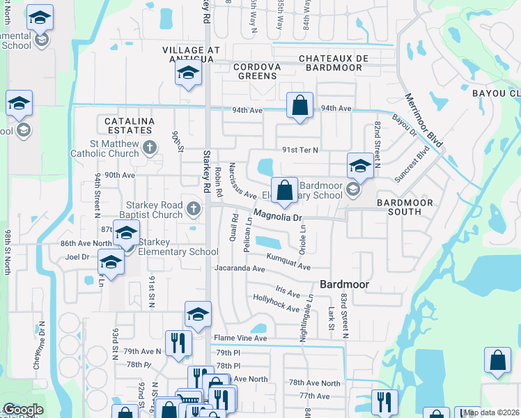 map of restaurants, bars, coffee shops, grocery stores, and more near 8698 Magnolia Drive in Seminole