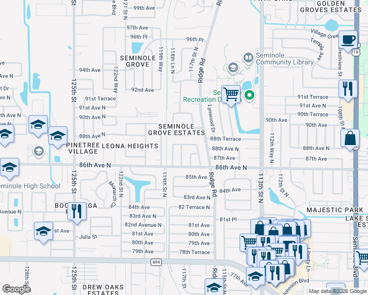map of restaurants, bars, coffee shops, grocery stores, and more near 11755 87th Avenue in Seminole