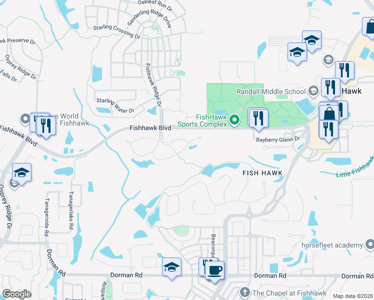 map of restaurants, bars, coffee shops, grocery stores, and more near 15925 Fishhawk View Drive in Lithia