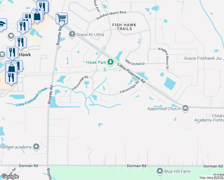 map of restaurants, bars, coffee shops, grocery stores, and more near 5818 Falconcreek Place in Lithia