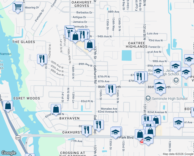 map of restaurants, bars, coffee shops, grocery stores, and more near 13701 87th Avenue in Seminole