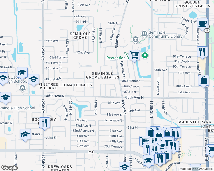 map of restaurants, bars, coffee shops, grocery stores, and more near 11755 87th Avenue in Seminole