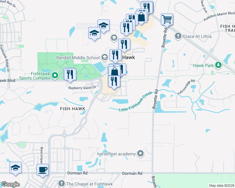 map of restaurants, bars, coffee shops, grocery stores, and more near 16528 Kingletridge Avenue in Lithia