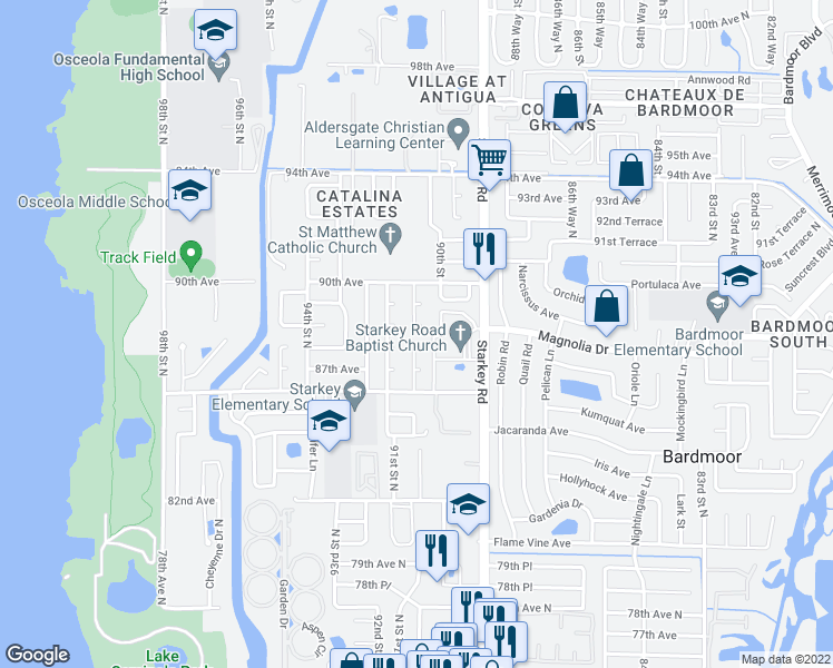 map of restaurants, bars, coffee shops, grocery stores, and more near 8808 90th Way in Seminole