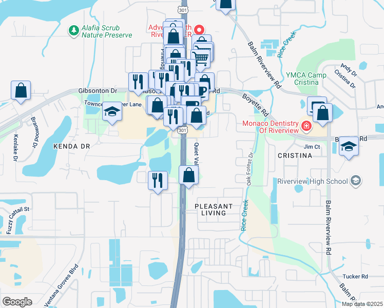 map of restaurants, bars, coffee shops, grocery stores, and more near 90 Oakside Park Drive in Riverview