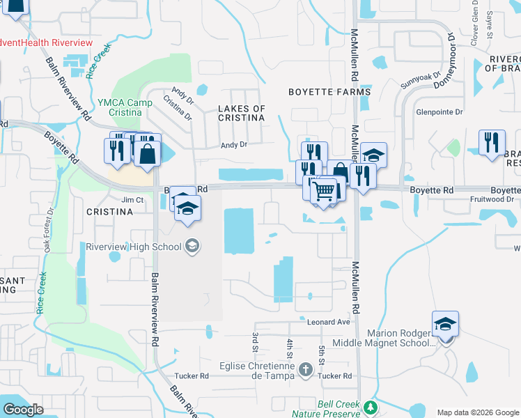 map of restaurants, bars, coffee shops, grocery stores, and more near 10128 Newel Valley Loop in Riverview