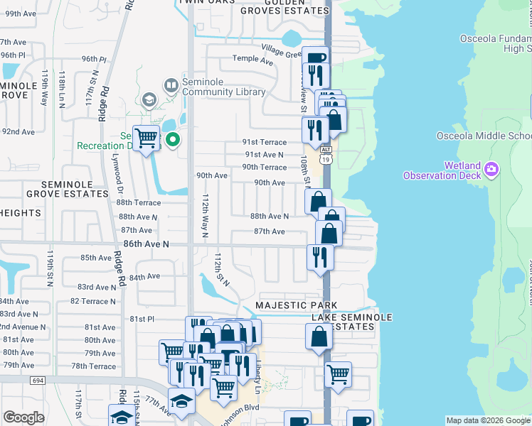 map of restaurants, bars, coffee shops, grocery stores, and more near 10984 88th Avenue in Seminole
