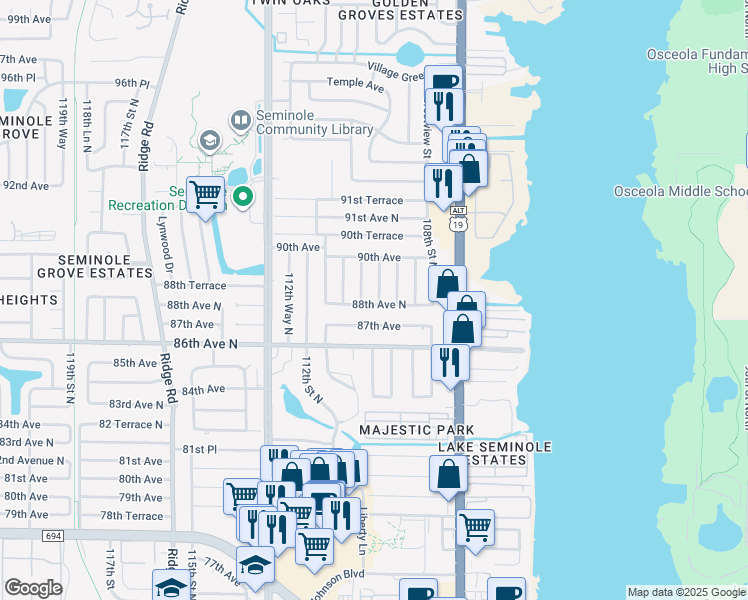 map of restaurants, bars, coffee shops, grocery stores, and more near 10984 88th Avenue in Seminole