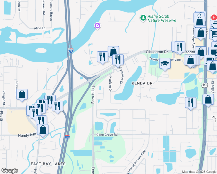 map of restaurants, bars, coffee shops, grocery stores, and more near 10025 Kenlake Drive in Riverview