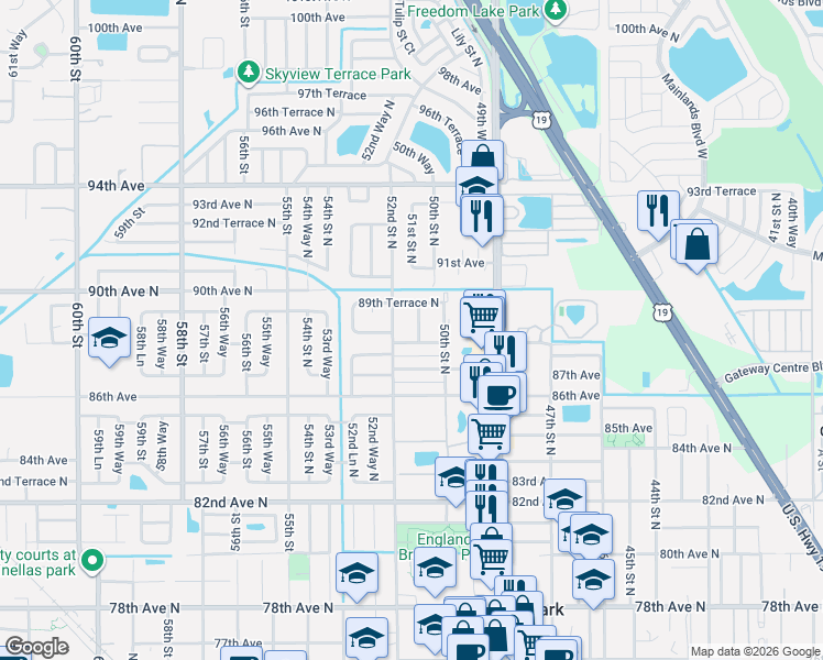 map of restaurants, bars, coffee shops, grocery stores, and more near 5195 88th Avenue North in Pinellas Park