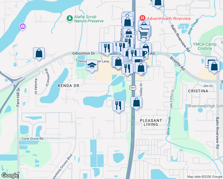map of restaurants, bars, coffee shops, grocery stores, and more near 10458 Flagstaff Falls Avenue in Riverview