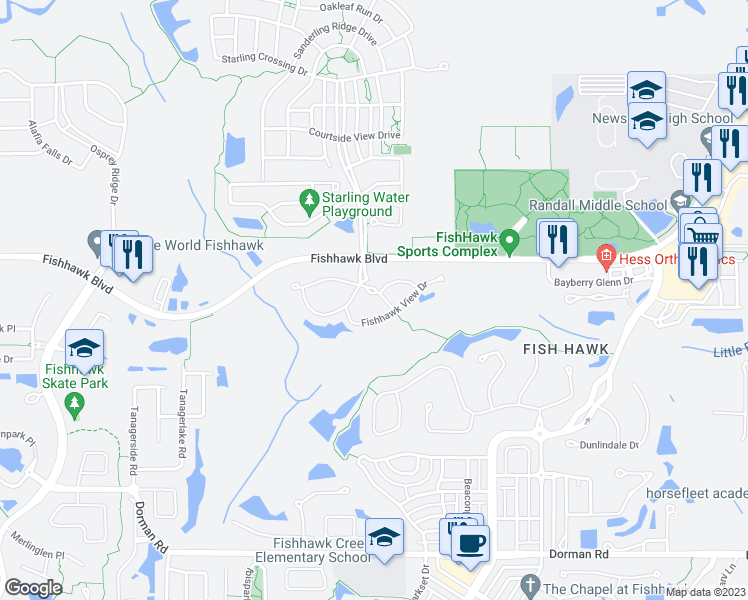 map of restaurants, bars, coffee shops, grocery stores, and more near 15817 Fishhawk Falls Drive in Lithia
