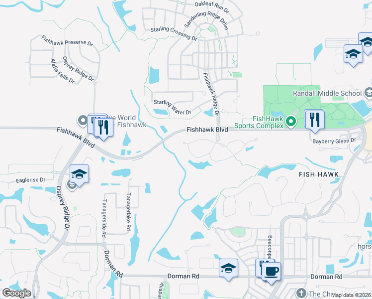 map of restaurants, bars, coffee shops, grocery stores, and more near 5870 Fishhawk Ridge Drive in Lithia