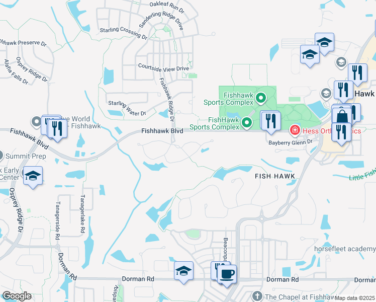 map of restaurants, bars, coffee shops, grocery stores, and more near 15838 Fishhawk Falls Drive in Lithia