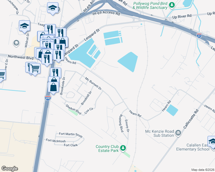 map of restaurants, bars, coffee shops, grocery stores, and more near 12937 Hearn Road in Corpus Christi