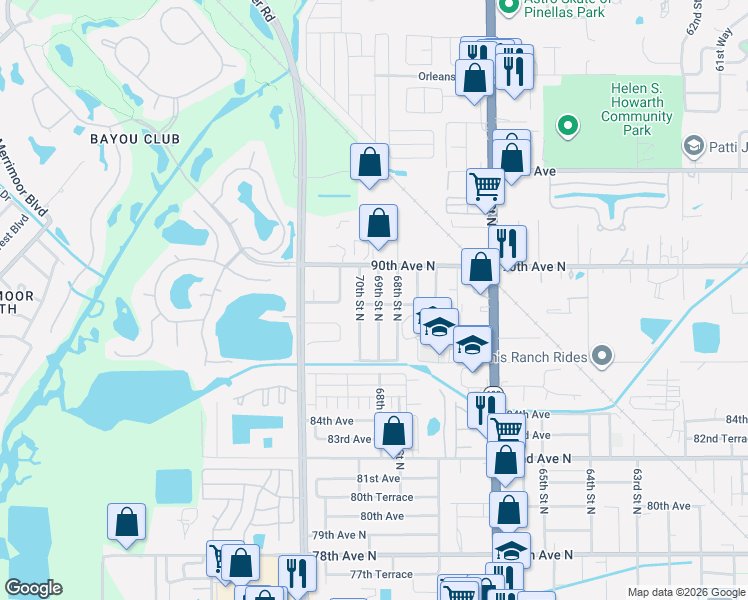 map of restaurants, bars, coffee shops, grocery stores, and more near 8830 69th Street North in Pinellas Park