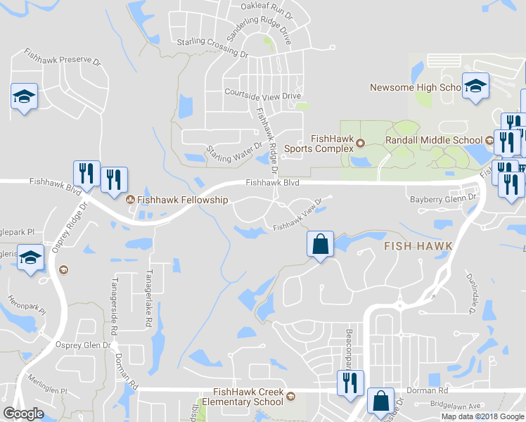 map of restaurants, bars, coffee shops, grocery stores, and more near 5821 Fishhawk Ridge Drive in Lithia