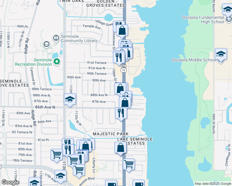 map of restaurants, bars, coffee shops, grocery stores, and more near 8836 Seminole Boulevard in Seminole