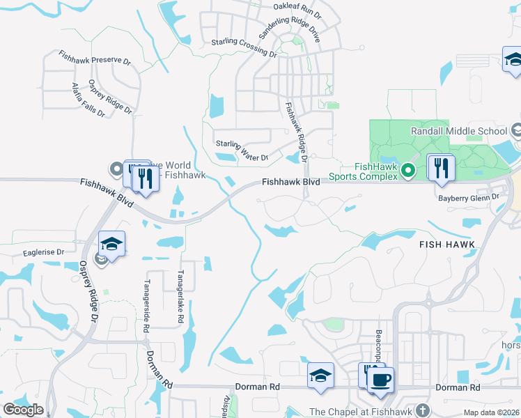 map of restaurants, bars, coffee shops, grocery stores, and more near 5870 Fishhawk Ridge Drive in Lithia