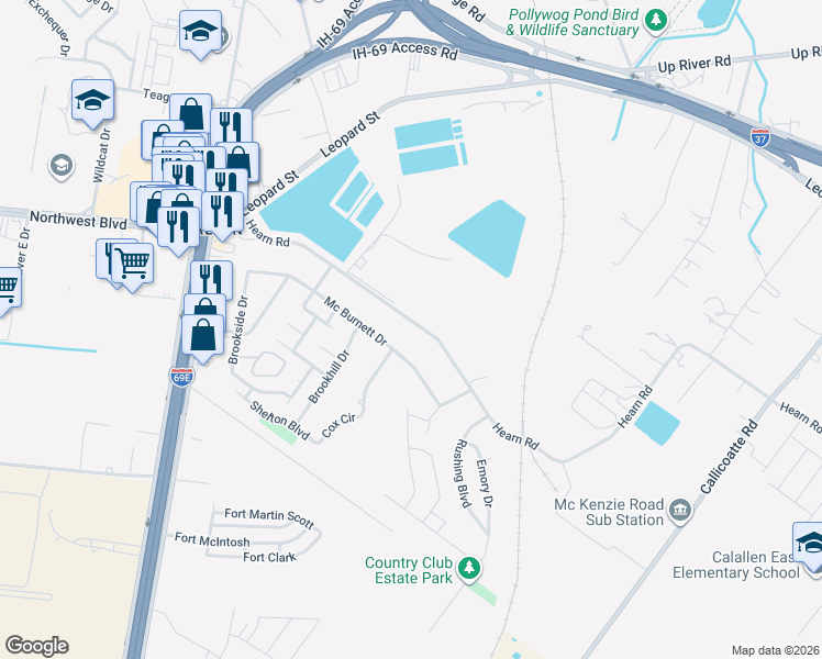 map of restaurants, bars, coffee shops, grocery stores, and more near 12937 Hearn Road in Corpus Christi