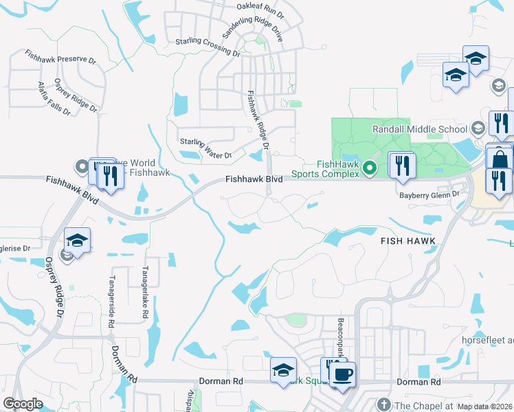 map of restaurants, bars, coffee shops, grocery stores, and more near 5821 Fishhawk Ridge Drive in Lithia