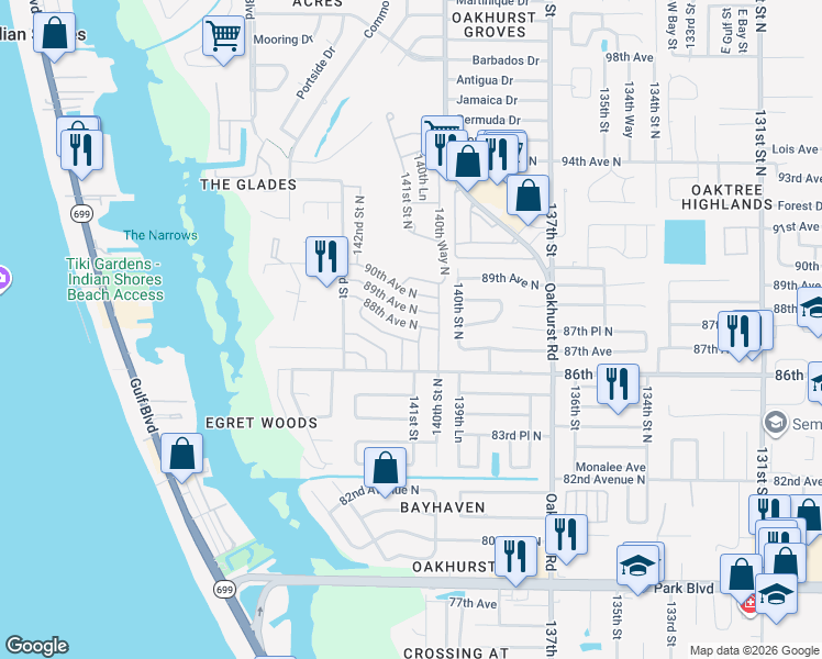 map of restaurants, bars, coffee shops, grocery stores, and more near 14104 88th Avenue in Seminole