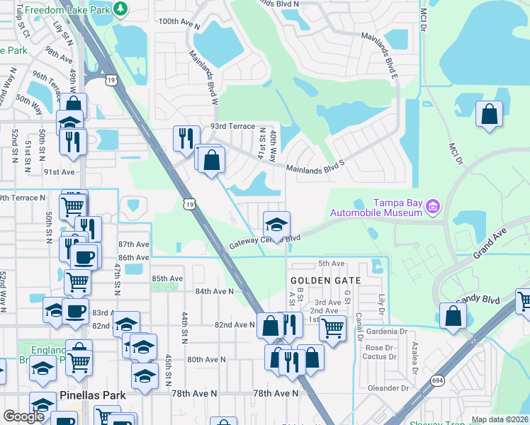 map of restaurants, bars, coffee shops, grocery stores, and more near 8706 40th Lane North in Pinellas Park