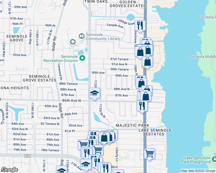 map of restaurants, bars, coffee shops, grocery stores, and more near 11072 88th Avenue in Seminole