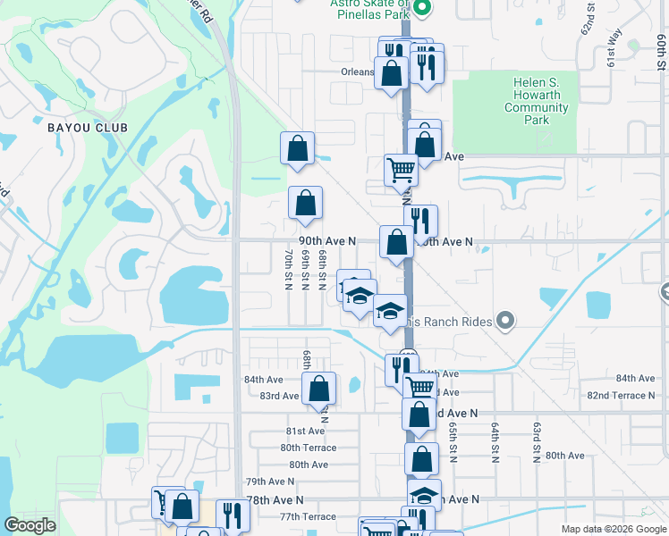map of restaurants, bars, coffee shops, grocery stores, and more near 8858 67th Way North in Pinellas Park