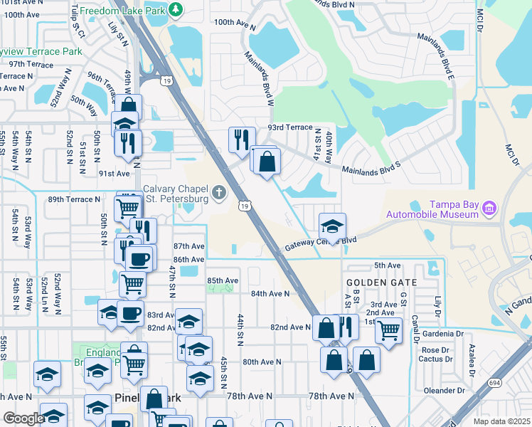 map of restaurants, bars, coffee shops, grocery stores, and more near 8851 US Highway 19 North in Pinellas Park