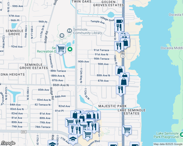 map of restaurants, bars, coffee shops, grocery stores, and more near 11072 88th Avenue in Seminole
