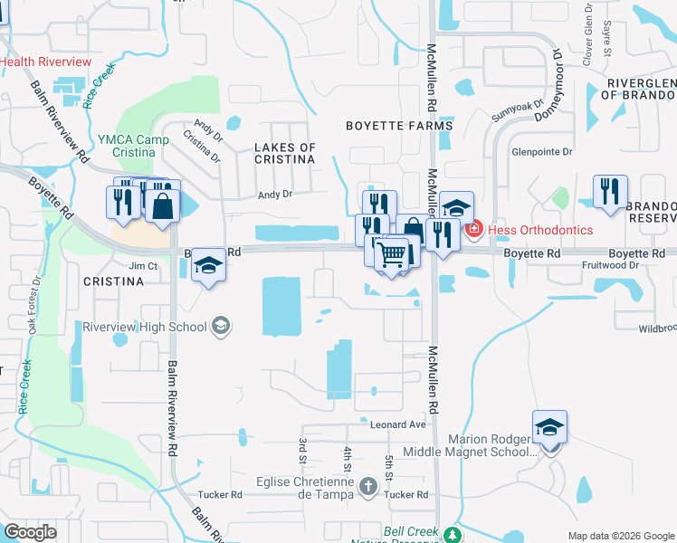map of restaurants, bars, coffee shops, grocery stores, and more near 10210 Newel Valley Loop in Riverview
