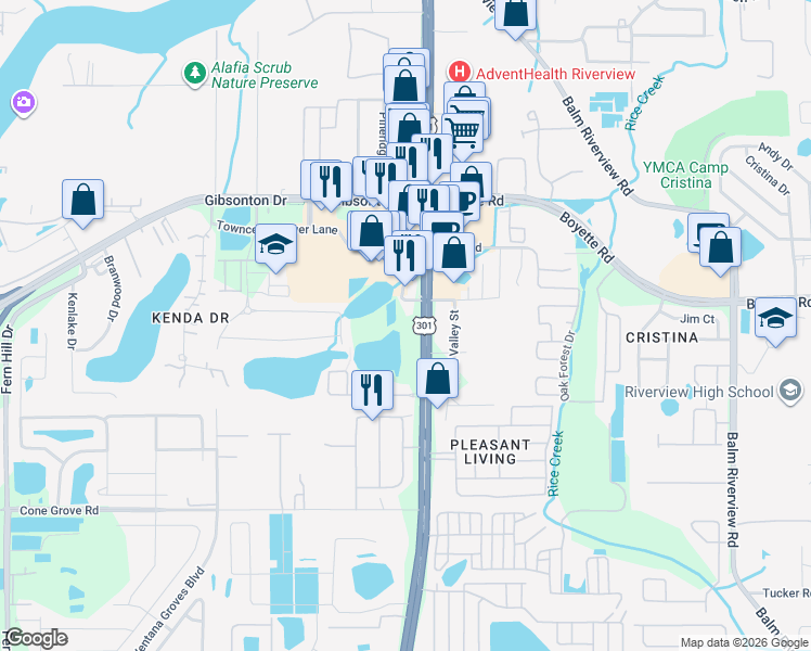 map of restaurants, bars, coffee shops, grocery stores, and more near 10225 U.S. 301 in Riverview