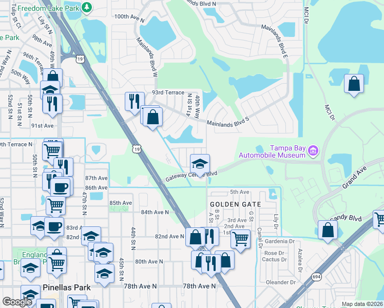 map of restaurants, bars, coffee shops, grocery stores, and more near 8706 40th Lane North in Pinellas Park