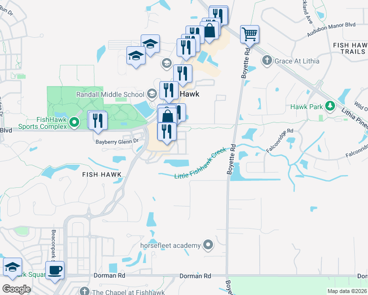 map of restaurants, bars, coffee shops, grocery stores, and more near 16709 Kingletridge Avenue in Lithia