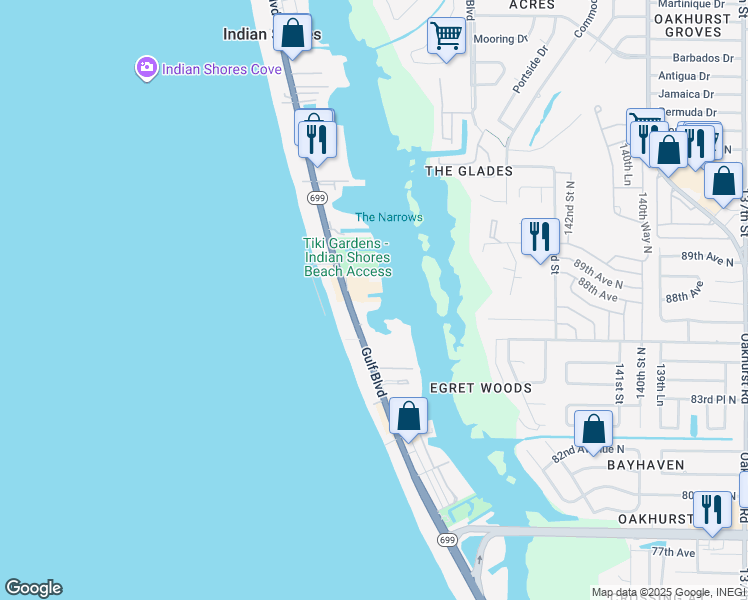 map of restaurants, bars, coffee shops, grocery stores, and more near 19519 Gulf Boulevard in Indian Shores