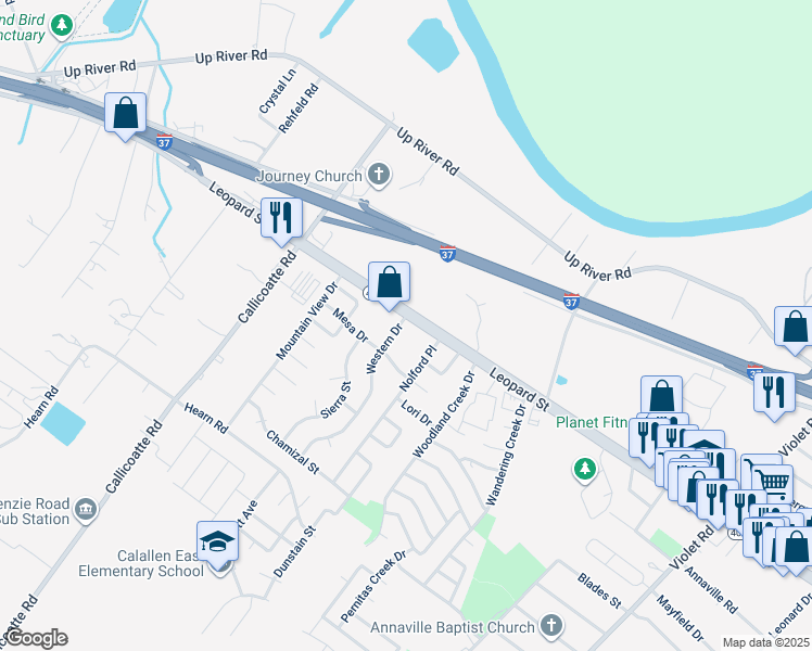 map of restaurants, bars, coffee shops, grocery stores, and more near 4302 Western Drive in Corpus Christi