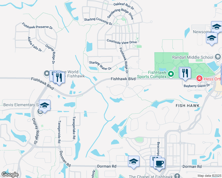 map of restaurants, bars, coffee shops, grocery stores, and more near 15723 Fishhawk Falls Drive in Lithia