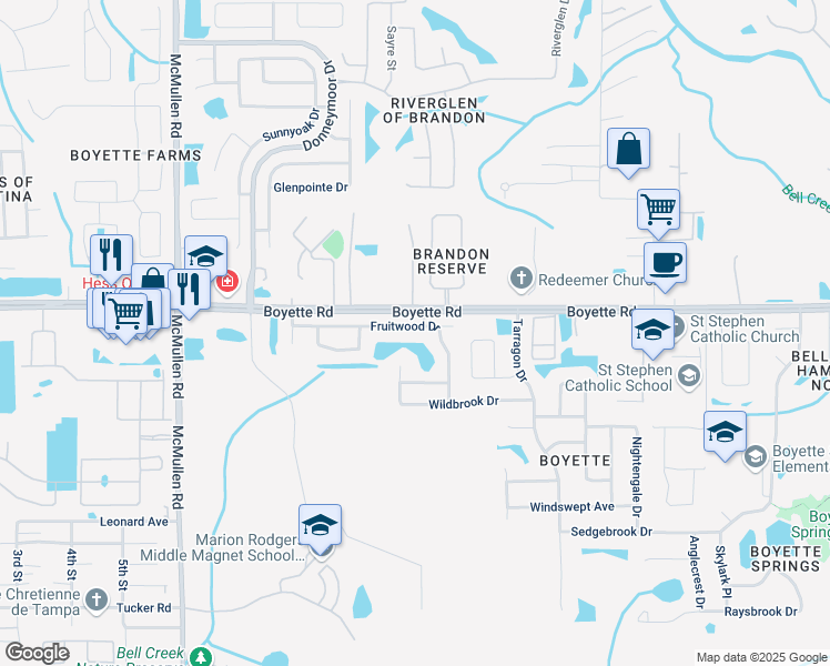 map of restaurants, bars, coffee shops, grocery stores, and more near 12121 Fruitwood Drive in Riverview