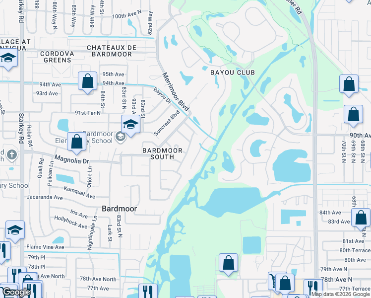 map of restaurants, bars, coffee shops, grocery stores, and more near 8846 Merrimoor Boulevard East in Seminole