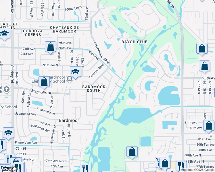 map of restaurants, bars, coffee shops, grocery stores, and more near 8846 Merrimoor Boulevard East in Seminole