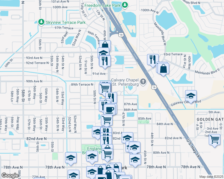 map of restaurants, bars, coffee shops, grocery stores, and more near 8825 49th Street North in Pinellas Park
